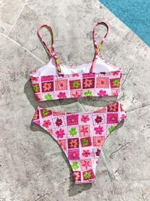 SHEIN Swim 女士夏季沙滩花卉印花性感比基尼套装，度假比基尼套装 - 粉色 - 查看 2
