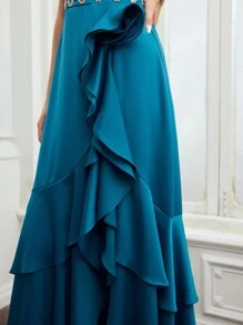 MOTF PREMIUM RHINESTONE DETAIL ASYMMETRICAL LAYERED RUFFLE TRIM DRESS