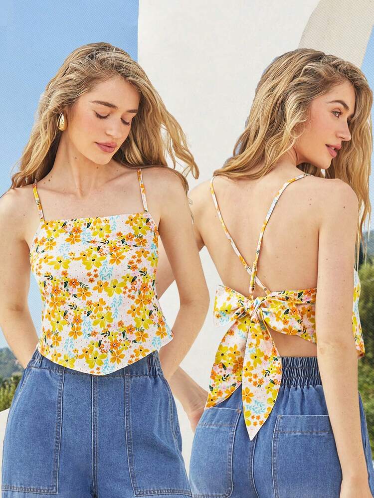 Women's Floral Printed Holiday Cross Strap Backless Tie-Back Camisole Top