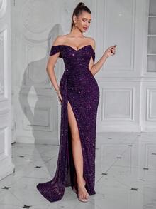 Elisanya Váy dạ hội dự tiệc cocktail dài xếp nếp hở vai xẻ đùi, đính sequin, trang trọng thanh lịch, trang trọng cho tiệc cưới, tiệc tốt nghiệp, tiệc tối đính sequin thanh lịch - Màu tím - Xem 3