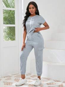 SHEIN Unity Round Neck Letter Print Short Sleeve Top + Drawstring Elastic Waist Pocket Pants 2 Pieces Set - Grey - View 4