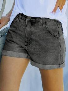 Women's Pocketed Cuffed Casual Loose Fit Versatile Denim Shorts - Grey - View 5