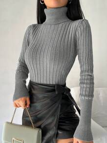 EURMUSE 素色高領條紋針織套頭毛衣 - 淺灰色 - 查看 4