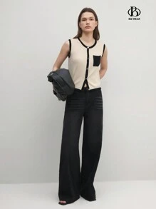 BizChic Elegant Women's Summer Colorblock Single Button Casual Sweater Vest With Pockets - Beige - View 7