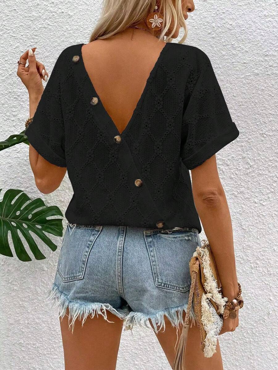 Breezaya Nữ Mùa Hè Màu Trơn Cổ Tròn Tay Cánh Dơi Ngắn Tay Áo Thun Có Nút Sau Trang Trí - màu đen - Xem 1