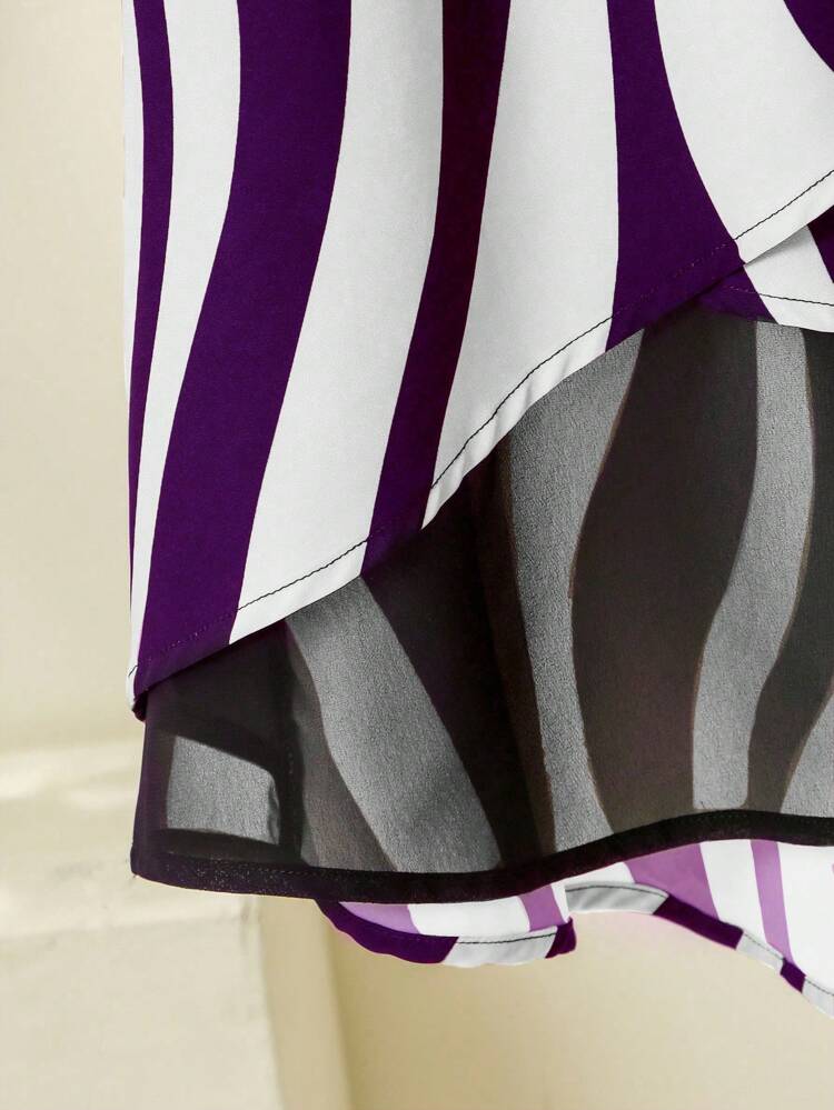 Plus Size Women's Fashionable Round Neck Asymmetrical Striped Patchwork Shirt