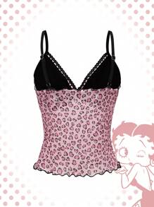 Betty Boop | ROMWE Women's Cartoon Character Rhinestone Pattern Heart Leopard Print Color Block Cami Top For Summer