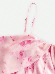 SHEIN Vestido de tirantes de Chifón rosa con diseño floral para adolescente, con dobladillo de volantes y cintura en línea A - Rosa - Ver 5
