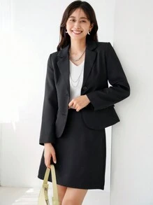 GENKIRA Solid Color Women's Suit Set, Long Sleeve Blazer Jacket And Knee-Length Skirt - Black - View 4