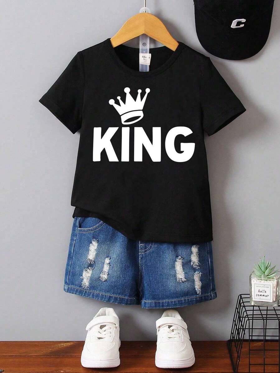 Baby Boy Modny, swobodny T-shirt z krótkim rękawem i wzorem w koronę - Czarne - Zobacz 1