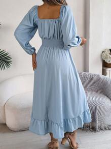 Real Shot Spring/Summer Elegant Square Collar Waist-Cinching Swing Dress With Ruffle Trim - Baby Blue - View 2