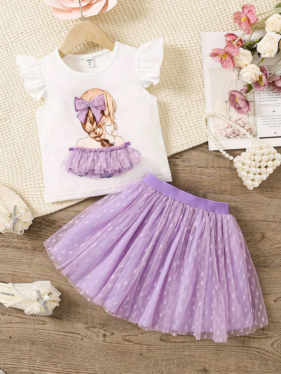 SHEIN 少女簡約印花上衣加網紗裙套裝 - 淡紫色 - 查看 1