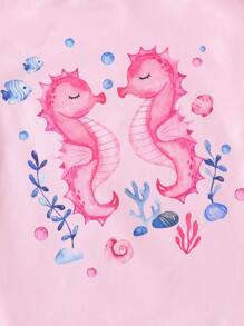 4pcs Baby Girl Ocean Animal Printed Snug Fit Round Neck Short Sleeve T-Shirt And Shorts Two-Piece Set, Home Outfit - Pink - View 4