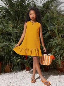 SHEIN Vestido sin mangas de unicolor tejido para niña preadolescente para vacaciones de primavera/verano con bajo de volantes y escote redondo