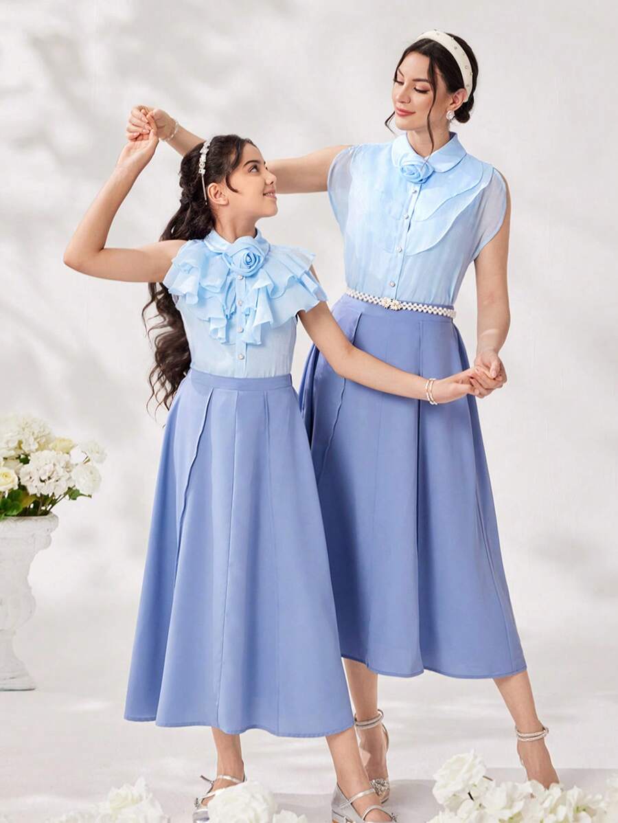 SHEIN Tween Girl 2pcs Lovely Collar Ruffle Trim 3D Flower Shaped Shirt And Skirt Set - Blue - View 1