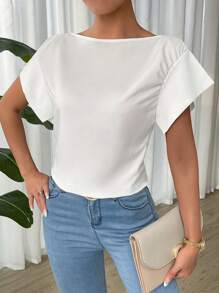 SHEIN LUNE Women Blouses Asimetris Ruched Split Plain Casual - Putih - View 3