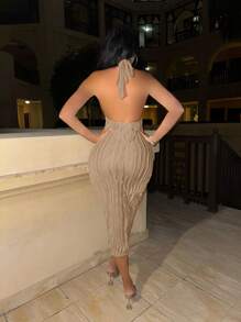 Allurite Women's Solid Color Sleeveless Backless Halter Neck Dress