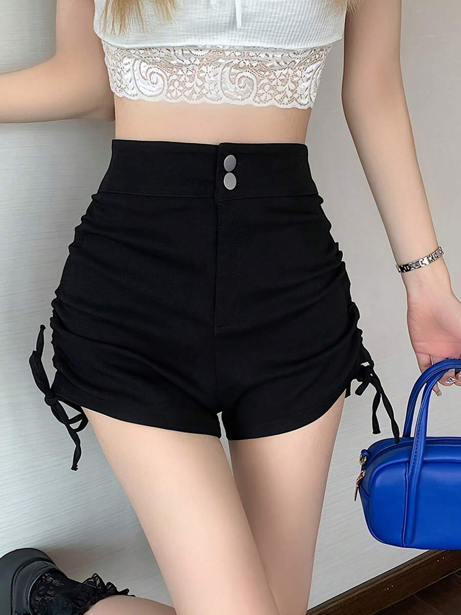 Summer Casual Solid Color Side Drawstring Shorts
