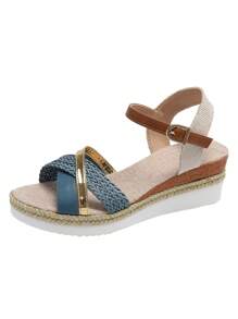 Women's Casual Woven Bohemian Style Platform Wedge Sandals, Summer - Blue - View 3