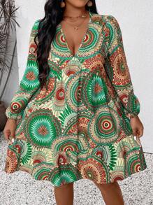 SHEIN VCAY Plus Size Retro Printed Short Dress With V-Neckline For Casual Vacation - Multicolor - View 6