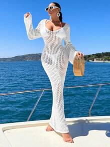 EURMUSE 女士纯色长款针织透明罩衫连衣裙，适合日常穿着、夏季海滩度假