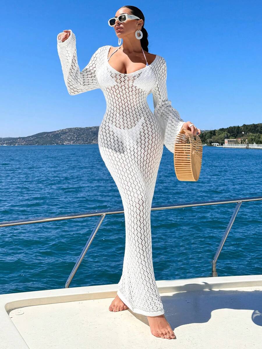 EURMUSE Women's Solid Color Long Knit Sheer Cover Up Dress For Daily Wear, Summer Beach Vacation - Beige - View 1