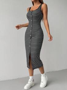 SHEIN EZwear 女士夏季休閒色塊條紋前鈕修身無袖連身裙 - 黑色 - 查看 6