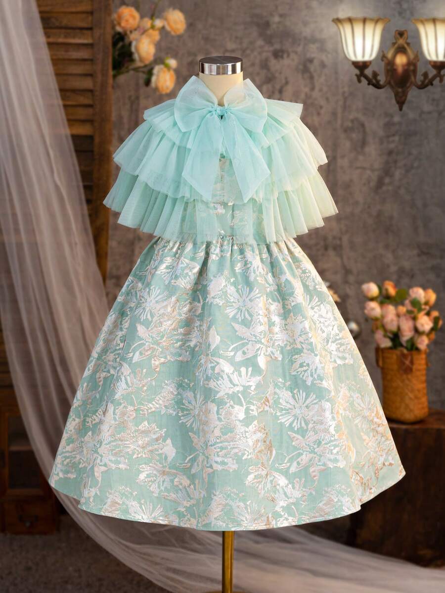 SHEIN Tween Girl Cute Bowknot Layered Mesh Shawl Embroidered Sleeveless Dress, 2pcs