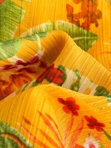 Soleia Blusa con cuello en forma de corazón y lazo en la parte delantera para mujer de talla grande con mangas abullonadas. Blusa casual de verano para vacaciones en la playa con estampado tropical de flores.