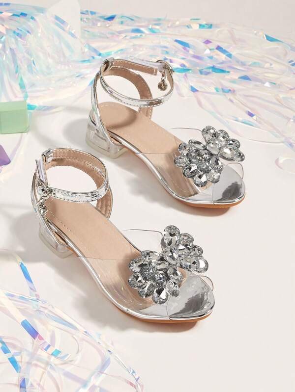 صندل فضي مريح بكعب عالي وعريض مزين بحجارة الراينستون البراقة للأطفال، مناسب للربيع والصيف والخريف