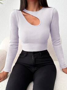 EURMUSE Solid Color Short Style Hollow-out Long Sleeve T-shirt - الأرجواني - مشاهدة 3
