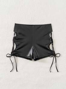 SHEIN Slayr 女士夏季海灘純色中空比基尼下褲，帶十字背帶