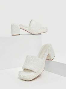 女鞋方頭粗跟楔形平台白色毛茸茸拖鞋 - 白色 - 查看 1