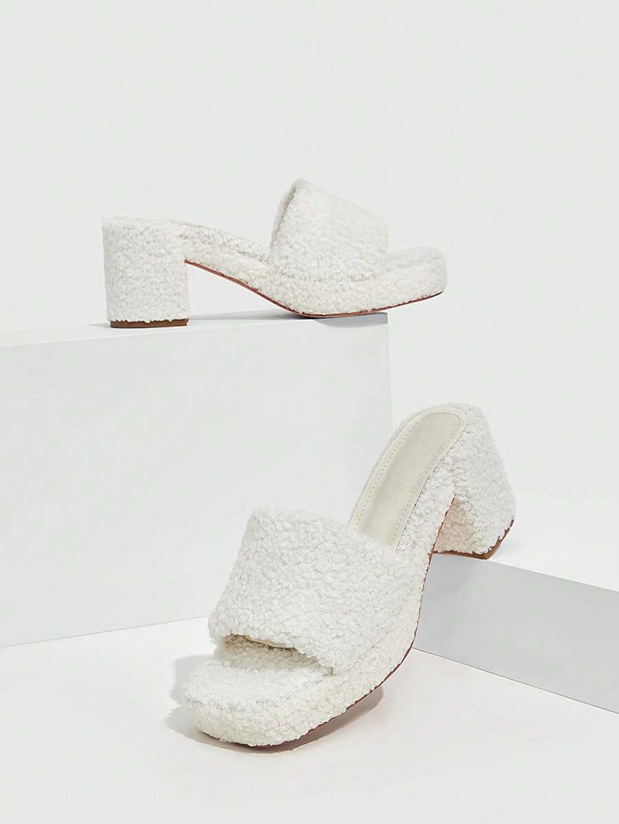 女鞋方頭粗跟楔形平台白色毛茸茸拖鞋 - 白色 - 查看 1