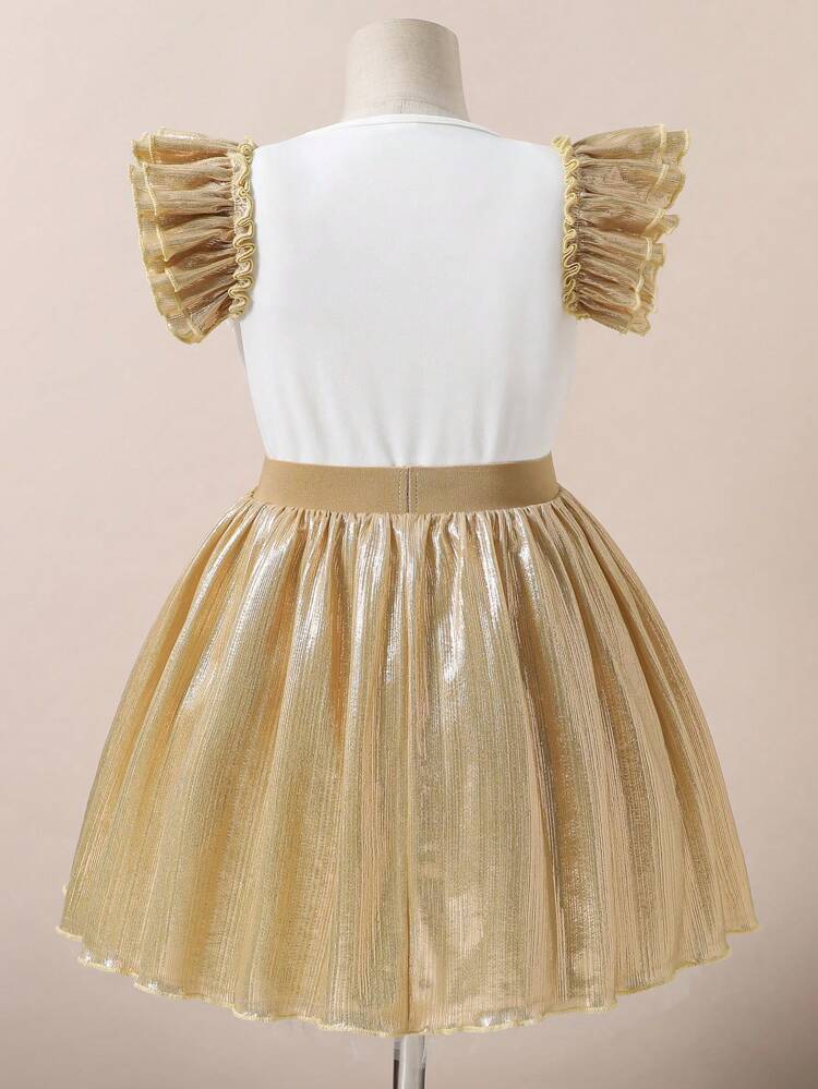 Tween Girl 2pcs/Set Elegant Flutter Sleeve Top And Sparkly Skirt Printed T-Shirt