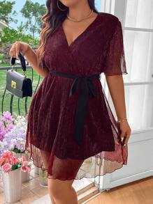 SHEIN Clasi Plus Solid Color V-Neck Contrast Mesh Dress Summer Elegant - Burgundy - View 3