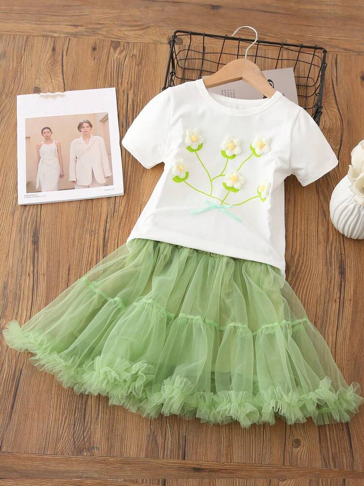 Young Girl 3D Flower T-Shirt + Mesh Ladylike Skirt Set, Summer