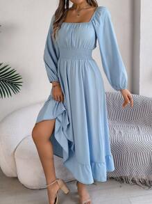 Real Shot Spring/Summer Elegant Square Collar Waist-Cinching Swing Dress With Ruffle Trim - Baby Blue - View 5