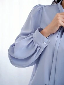 FRIFUL Women's Solid Color Tie Collar Long Sleeve Spring/Summer Shirt - Baby Blue - View 5