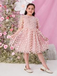 SHEIN Elegant &  Woven Jacquard Mesh Round Neck Short Sleeve Dress For Tween Girls, Spring/Summer