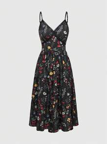 ROMWE Fairycore Floral Allover Print Strappy Vacation Style Dress - Black - View 1