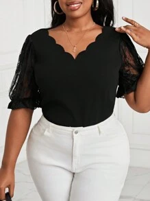 SHEIN Lady Top de encaje negro para tallas grandes con mangas globas y gráficos recortados - Negro - Ver 1