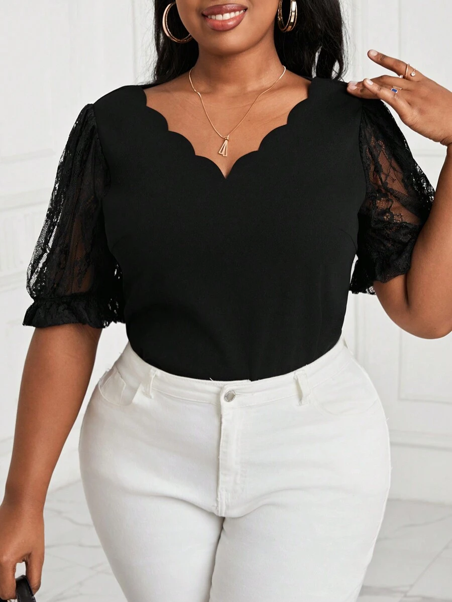 SHEIN Lady Top de encaje negro para tallas grandes con mangas globas y gráficos recortados - Negro - Ver 1