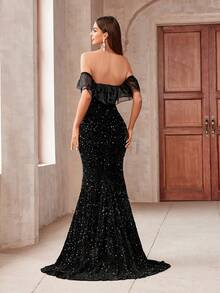 Váy dạ hội hở vai xẻ đùi đính sequin nặng cho nữ - màu đen - Xem 2