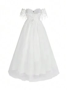 SHEIN Belle 大碼白色可溶花&流蘇大A字網紗浪漫甜美婚禮禮服 - 白色 - 查看 3