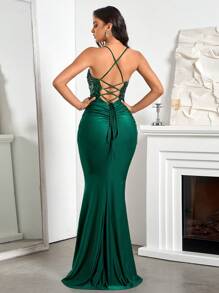 Glamine 女士优雅华丽亮片拼接系带露背缎面高腰正式晚宴服装、舞会礼服、生日、婚礼宾客、派对礼服 - 墨綠色 - 查看 2