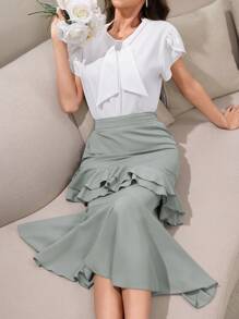 Modelyn Women's Solid Color Layered Asymmetrical Hem Elegant Skirt