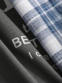 DAZY Conjunto de ropa de hogar para mujeres con blusa suelta con estampado de letras y pantalones a cuadros