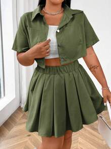 Flirla Plus Size Single-Breasted Solid Color Short Sleeve Top And Pleated Mini Skirt Set