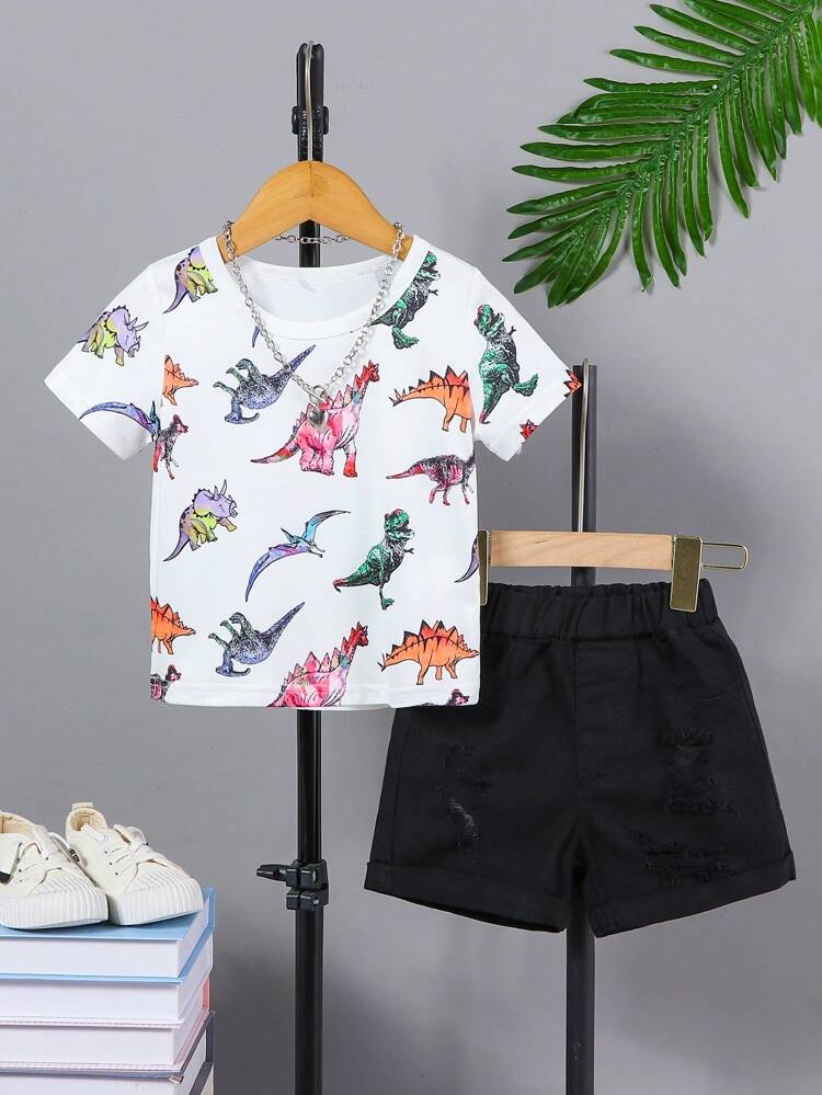 Baby Boy Summer Casual Dinosaur Printed Short Sleeve Top And Solid Color Ripped Shorts 2pcs Outfit
